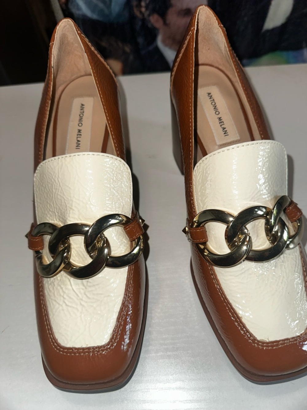 ANTONIO MELANI Brown & Cream Chain-Trim Loafers